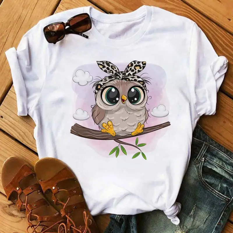 Women's Cute Owl Print T-Shirt White Short Sleeve