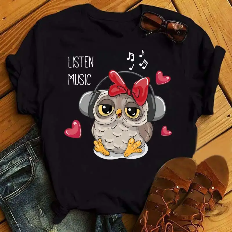 Women's Cute Owl Print T-Shirt White Short Sleeve