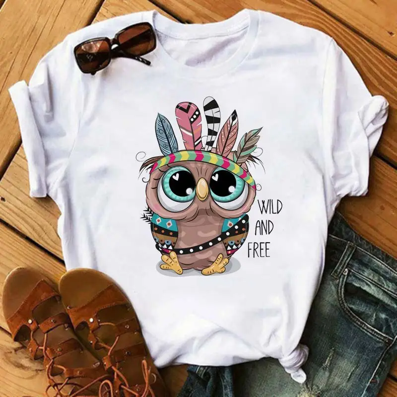 Women's Cute Owl Print T-Shirt White Short Sleeve
