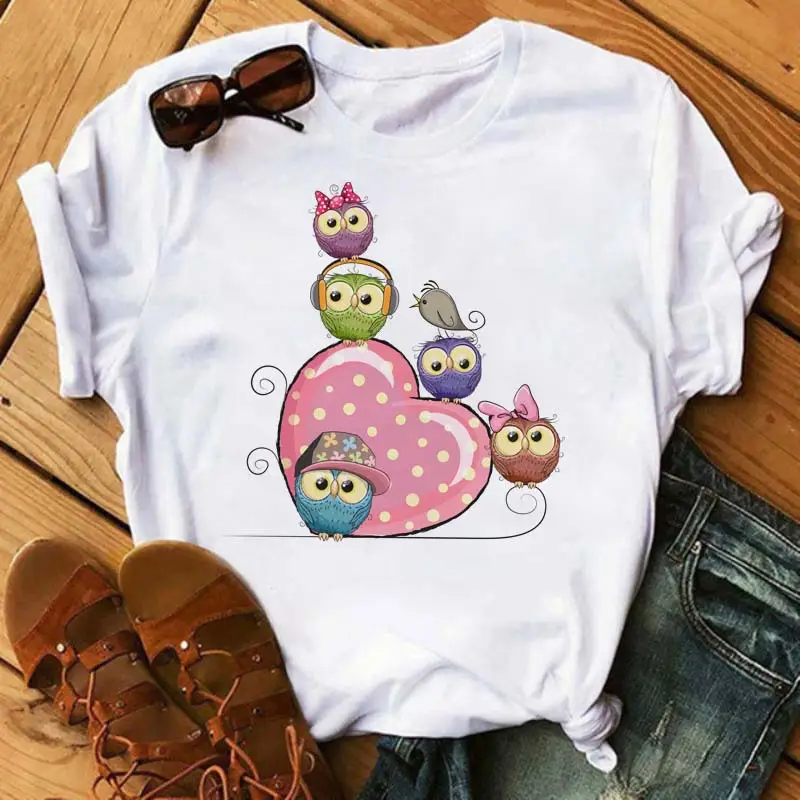 Women's Cute Owl Print T-Shirt White Short Sleeve