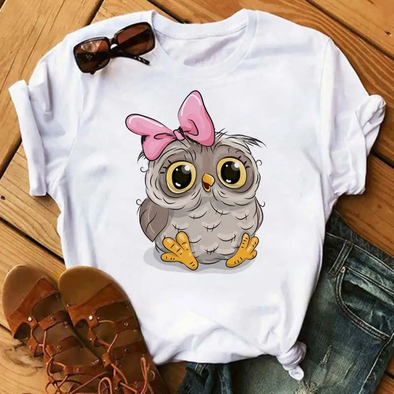 Women's Cute Owl Print T-Shirt White Short Sleeve
