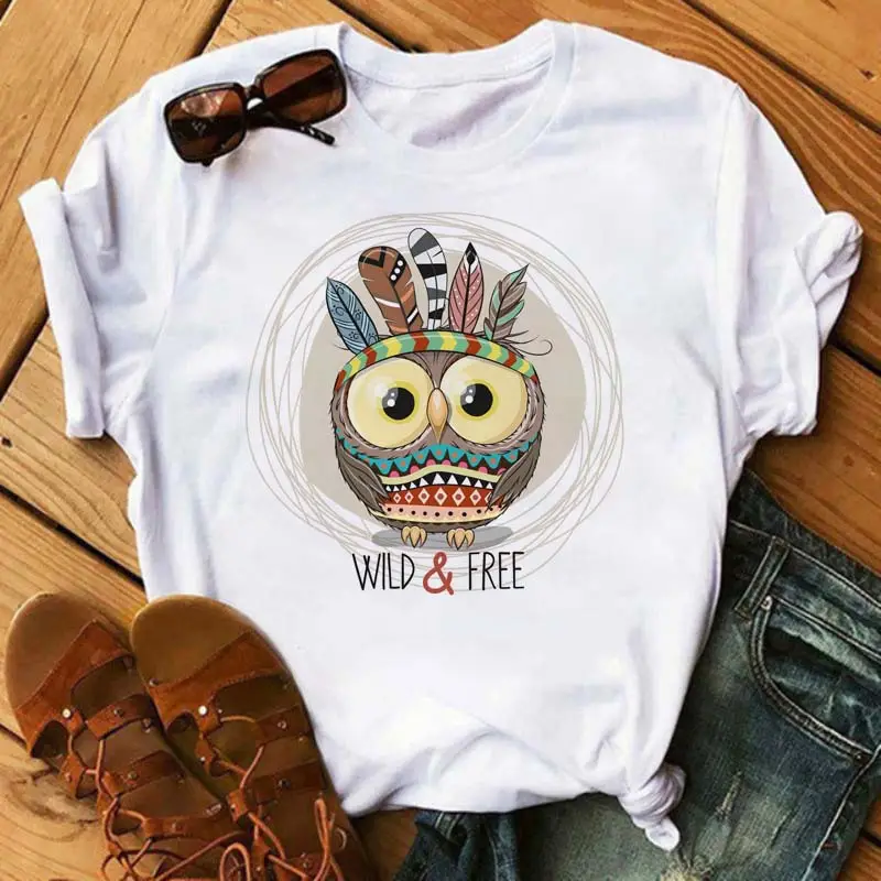 Women's Cute Owl Print T-Shirt White Short Sleeve