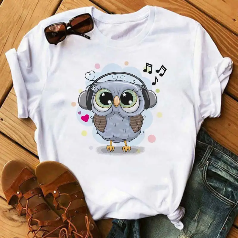 Women's Cute Owl Print T-Shirt White Short Sleeve