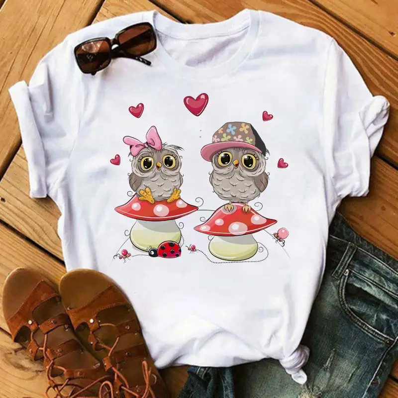 Women's Cute Owl Print T-Shirt White Short Sleeve