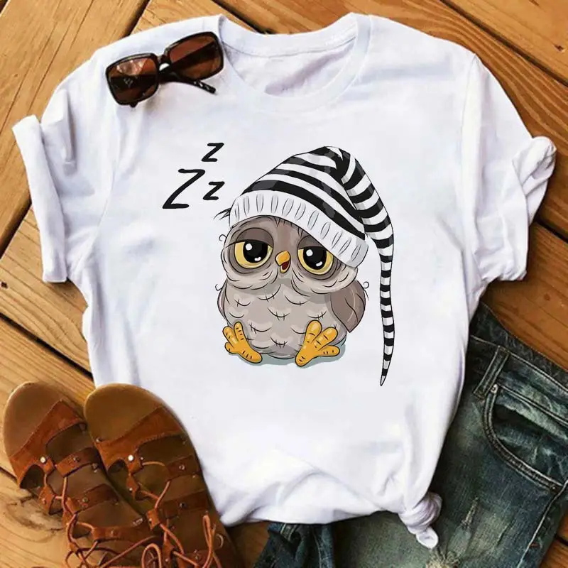 Women's Cute Owl Print T-Shirt White Short Sleeve