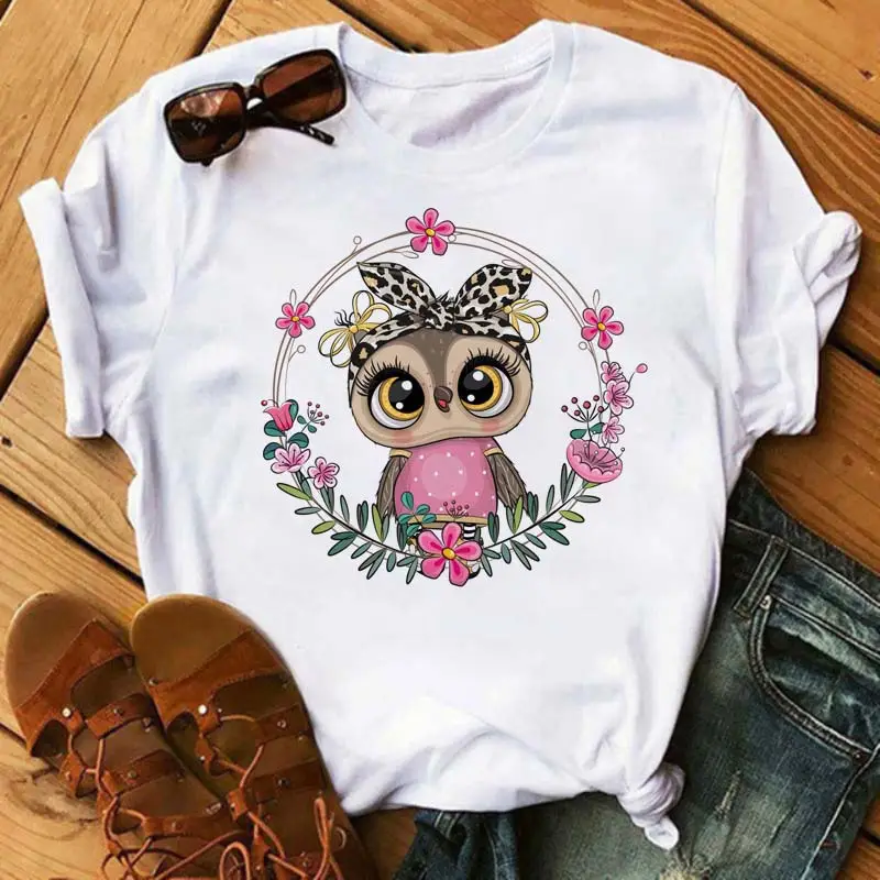 Women's Cute Owl Print T-Shirt White Short Sleeve