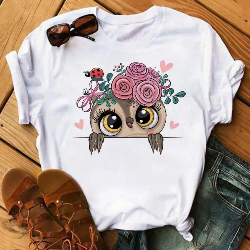 Women's Cute Owl Print T-Shirt White Short Sleeve