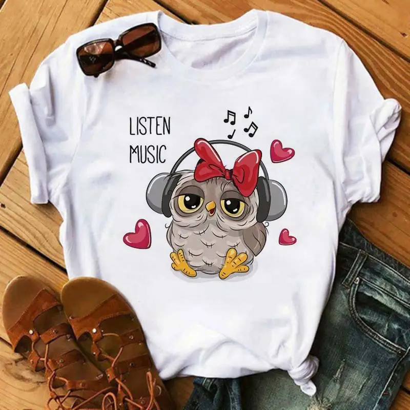 Women's Cute Owl Print T-Shirt White Short Sleeve