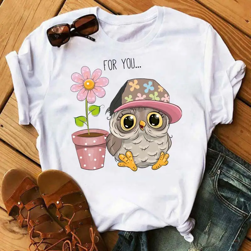 Women's Cute Owl Print T-Shirt White Short Sleeve