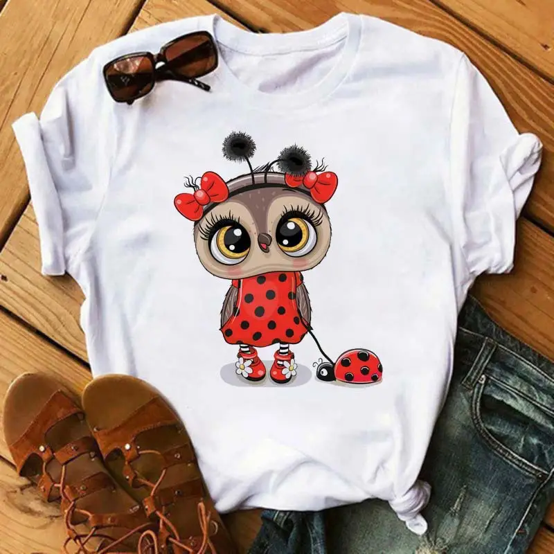 Women's Cute Owl Print T-Shirt White Short Sleeve