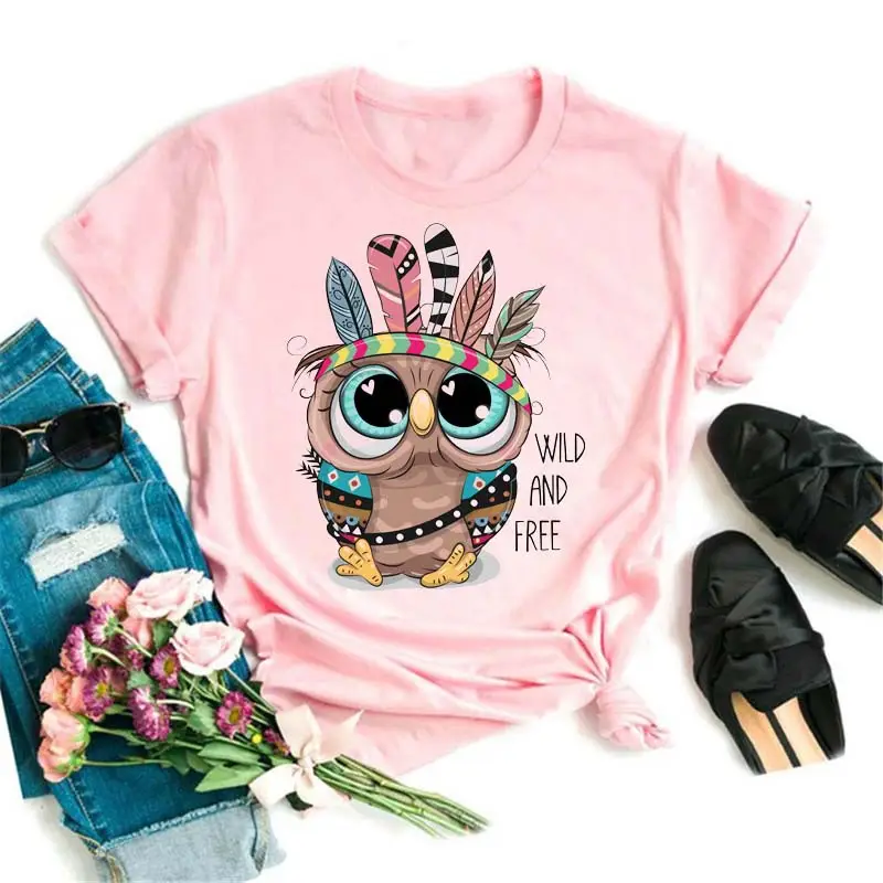 Women's Cute Owl Print T-Shirt White Short Sleeve