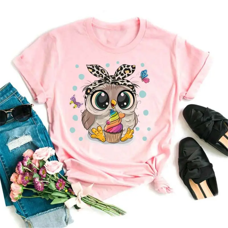 Women's Cute Owl Print T-Shirt White Short Sleeve