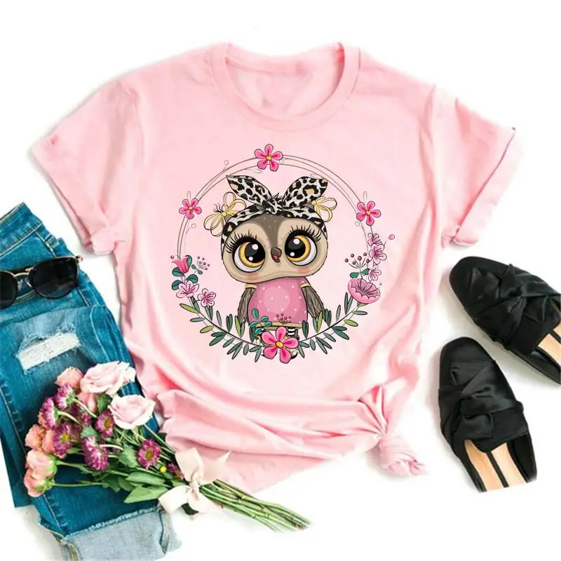 Women's Cute Owl Print T-Shirt White Short Sleeve