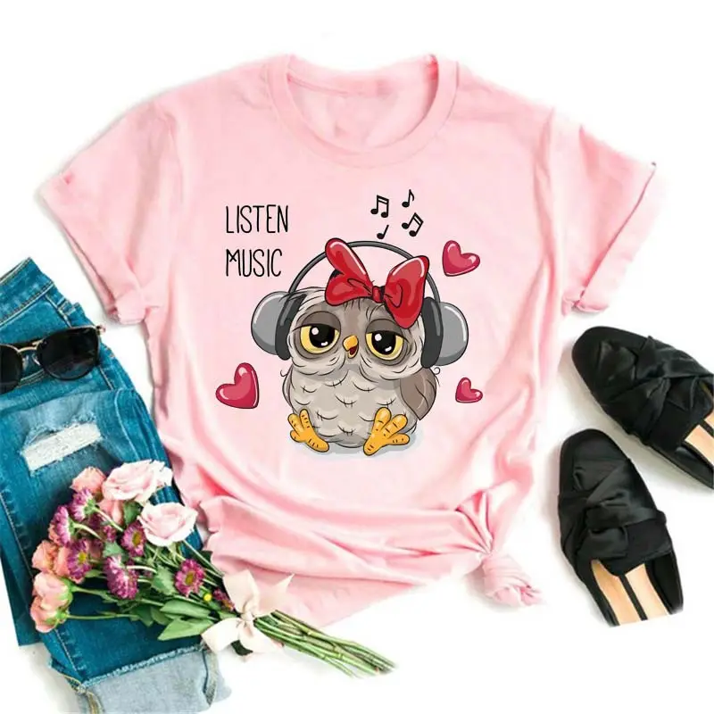 Women's Cute Owl Print T-Shirt White Short Sleeve