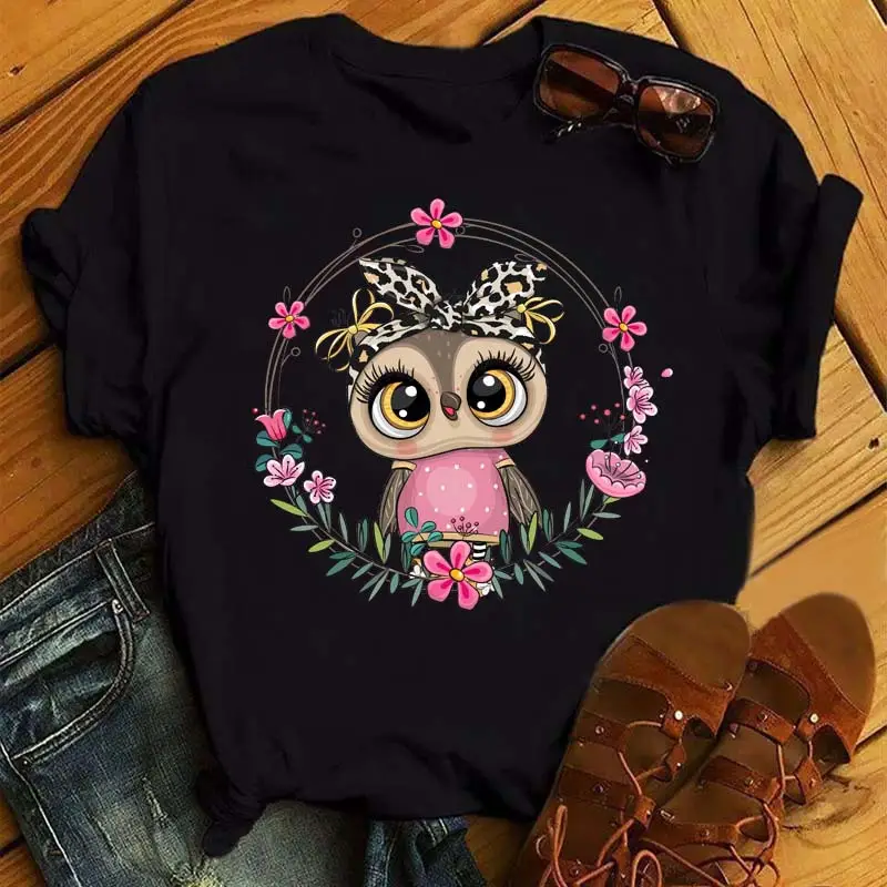 Women's Cute Owl Print T-Shirt White Short Sleeve