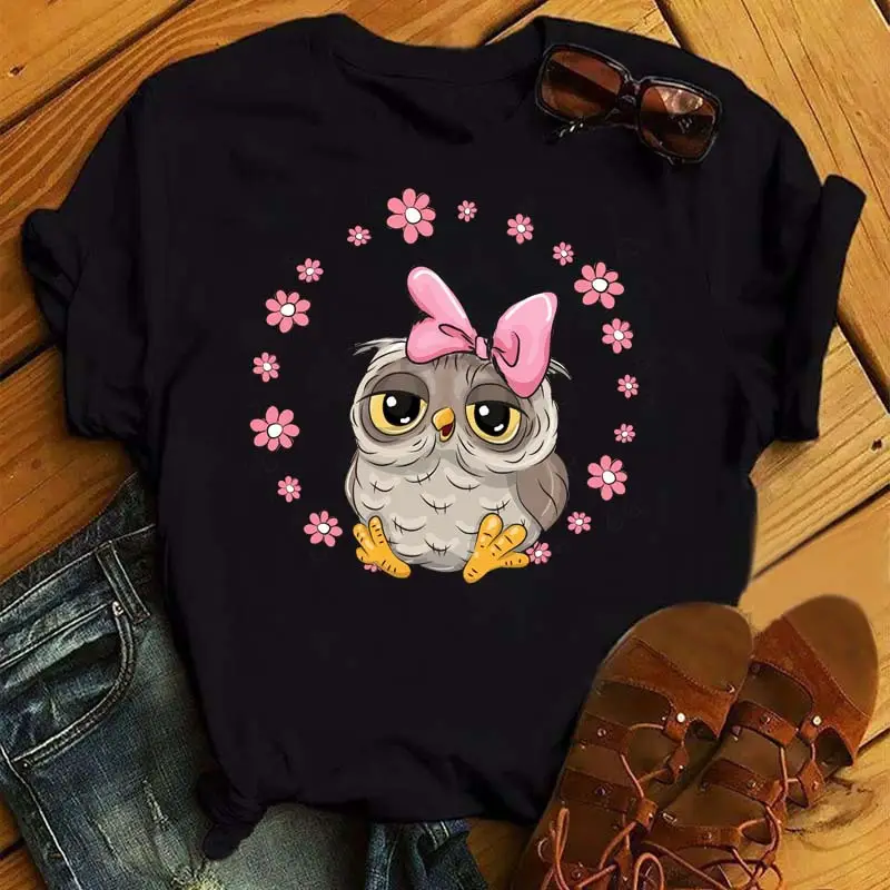 Women's Cute Owl Print T-Shirt White Short Sleeve