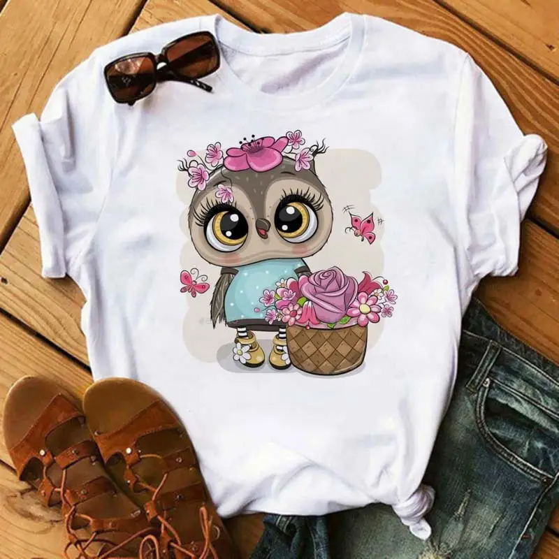 Women's Cute Owl Print T-Shirt White Short Sleeve