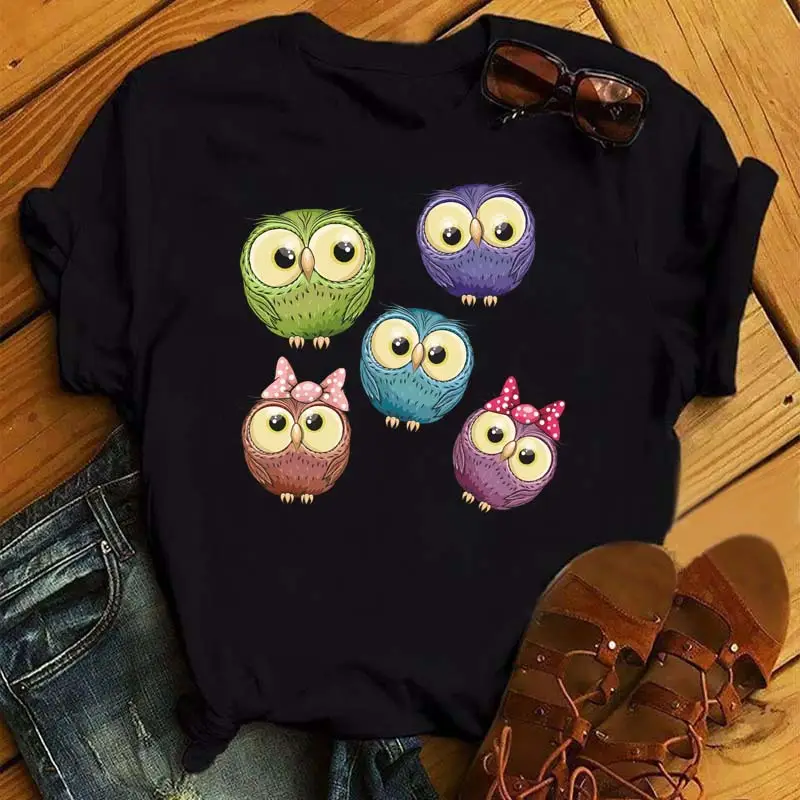 Women's Cute Owl Print T-Shirt White Short Sleeve