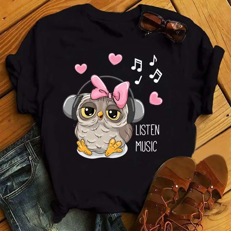 Women's Cute Owl Print T-Shirt White Short Sleeve