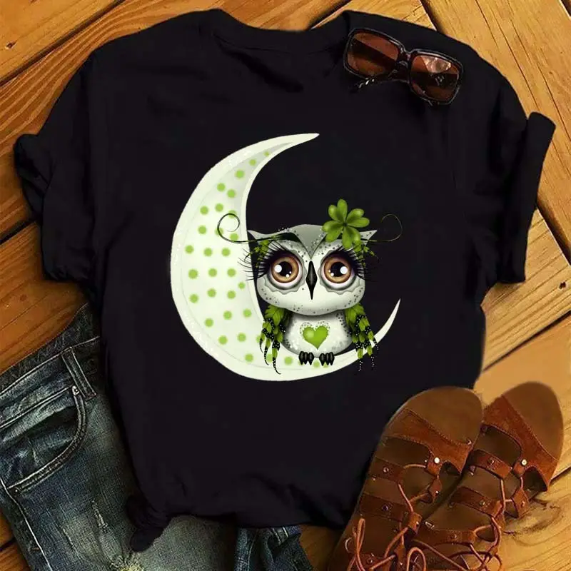 Women's Cute Owl Print T-Shirt White Short Sleeve