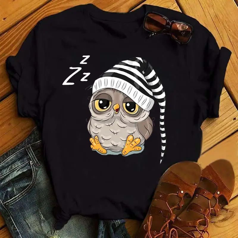 Women's Cute Owl Print T-Shirt White Short Sleeve