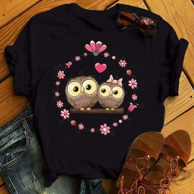 Women's Cute Owl Print T-Shirt White Short Sleeve