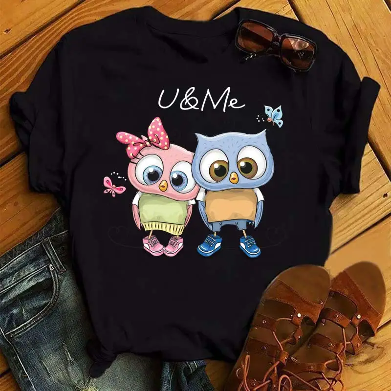 Women's Cute Owl Print T-Shirt White Short Sleeve