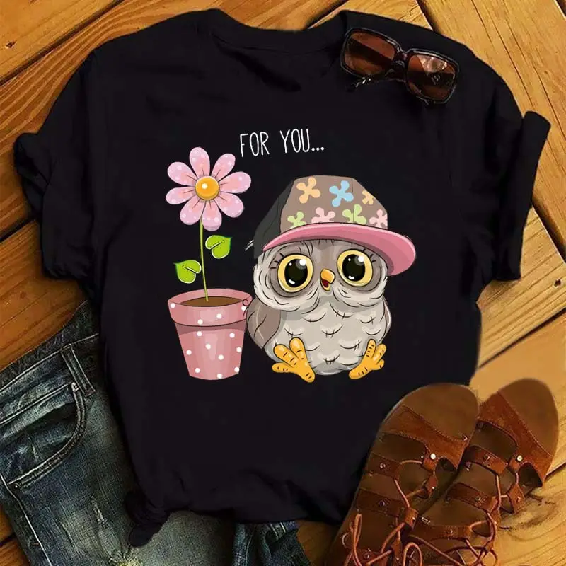 Women's Cute Owl Print T-Shirt White Short Sleeve