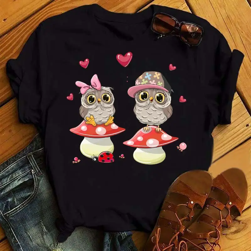 Women's Cute Owl Print T-Shirt White Short Sleeve