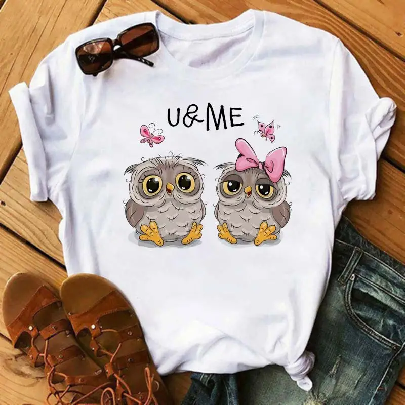 Women's Cute Owl Print T-Shirt White Short Sleeve