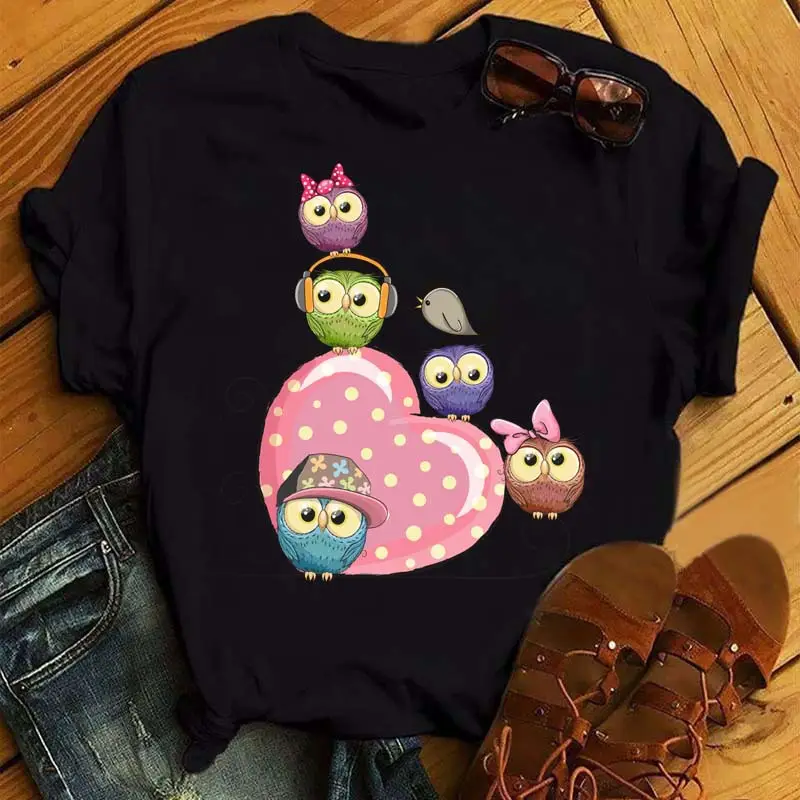 Women's Cute Owl Print T-Shirt White Short Sleeve