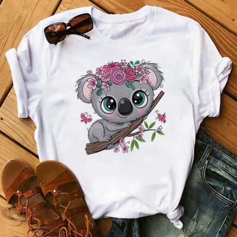 Women's Cute Owl Print T-Shirt White Short Sleeve