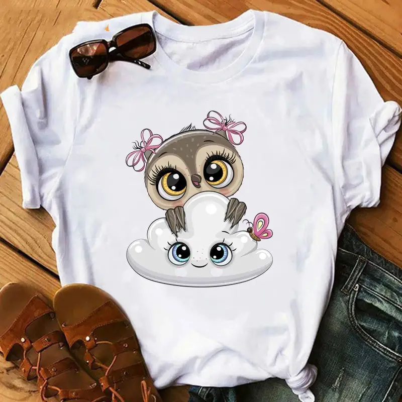 Women's Cute Owl Print T-Shirt White Short Sleeve