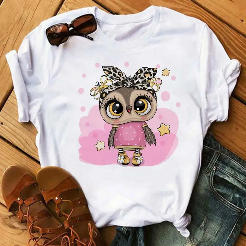 Women's Cute Owl Print T-Shirt White Short Sleeve