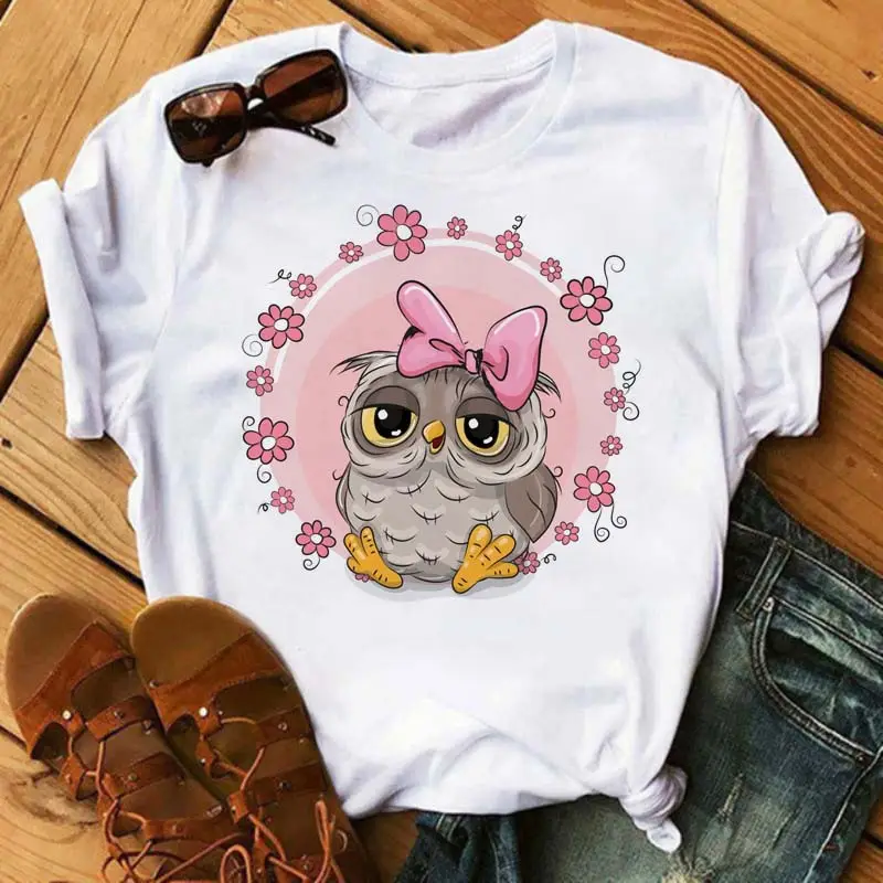 Women's Cute Owl Print T-Shirt White Short Sleeve