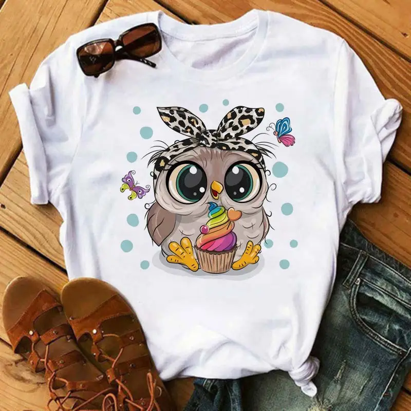 Women's Cute Owl Print T-Shirt White Short Sleeve