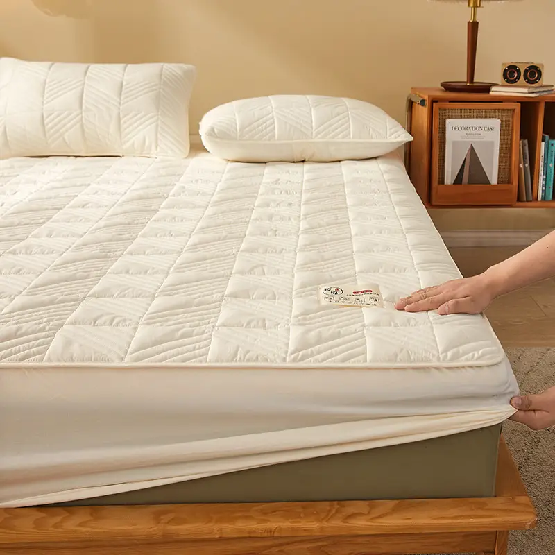 Category a Maternal and Infant Grade Soy Fiber Quilted Fitted Sheet, Single Piece Raw Cotton Natural Color Bed Cover, Thickened Full Wrap Mattress Protector