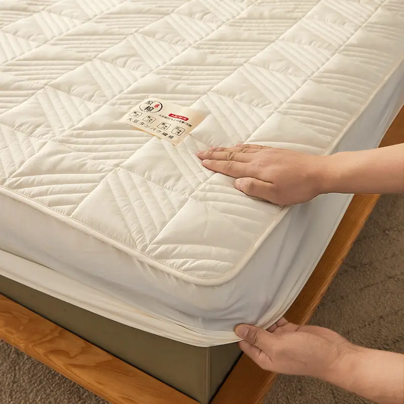 Category a Maternal and Infant Grade Soy Fiber Quilted Fitted Sheet, Single Piece Raw Cotton Natural Color Bed Cover, Thickened Full Wrap Mattress Protector
