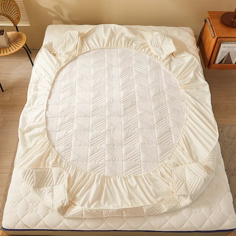 Category a Maternal and Infant Grade Soy Fiber Quilted Fitted Sheet, Single Piece Raw Cotton Natural Color Bed Cover, Thickened Full Wrap Mattress Protector