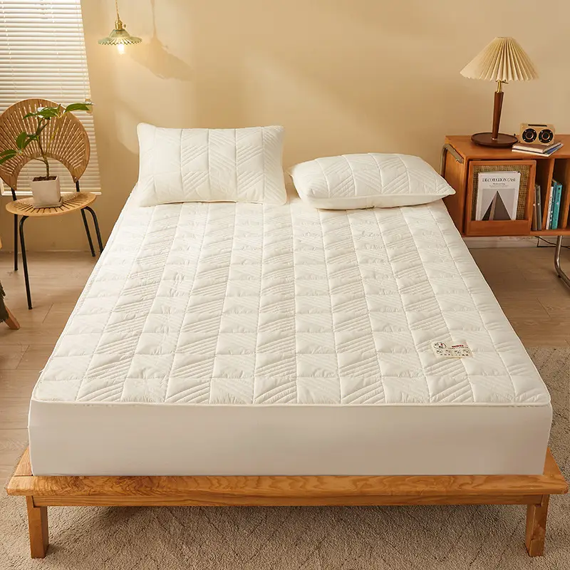 Category a Maternal and Infant Grade Soy Fiber Quilted Fitted Sheet, Single Piece Raw Cotton Natural Color Bed Cover, Thickened Full Wrap Mattress Protector