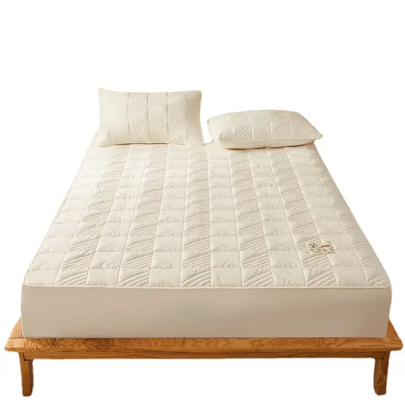 Category a Maternal and Infant Grade Soy Fiber Quilted Fitted Sheet, Single Piece Raw Cotton Natural Color Bed Cover, Thickened Full Wrap Mattress Protector