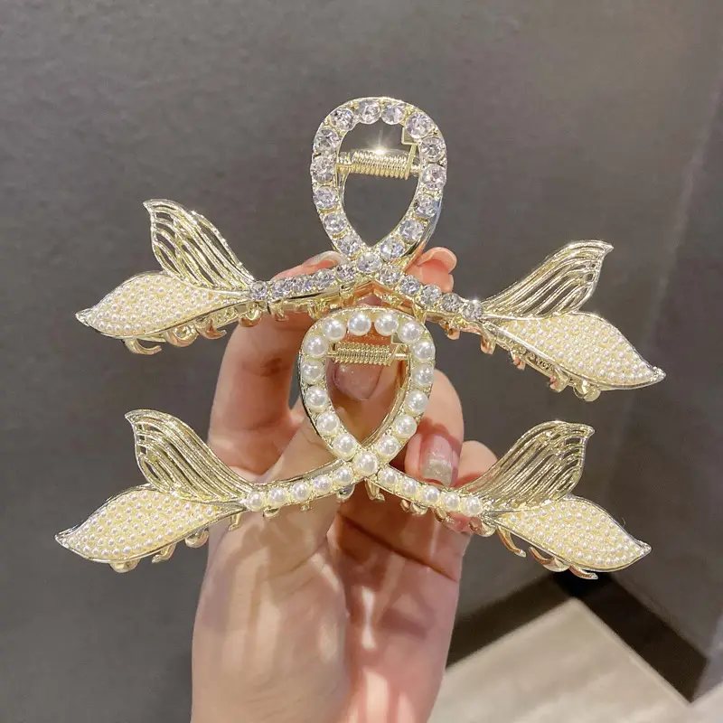 Pearl Fish Tail Hair Clip for Women Gold Rhinestone - Image 3