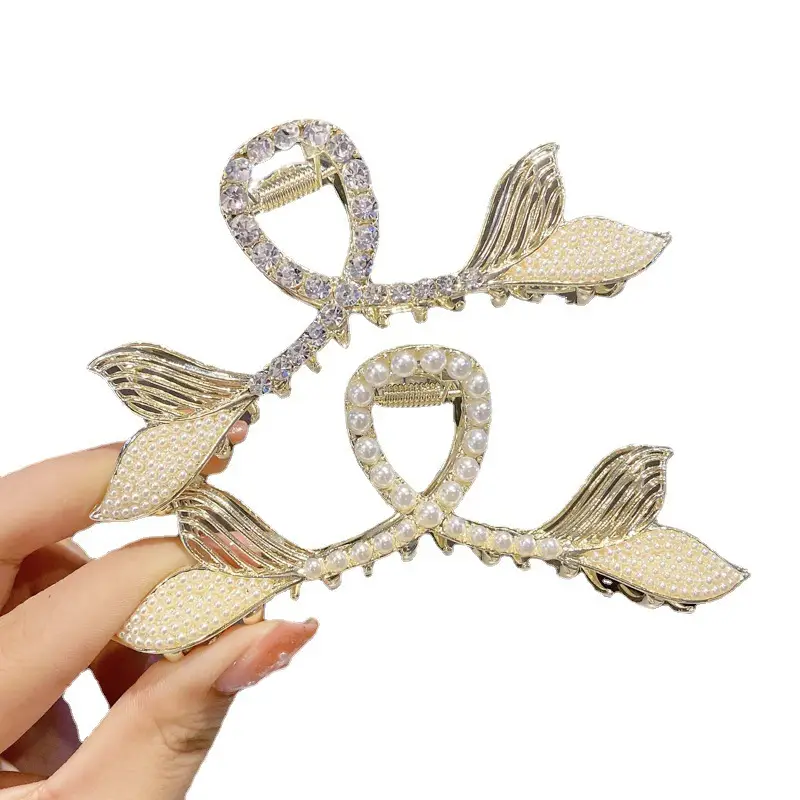 Pearl Fish Tail Hair Clip for Women Gold Rhinestone - Image 4