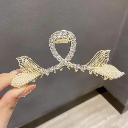 Pearl Fish Tail Hair Clip for Women Gold Rhinestone - Image 2