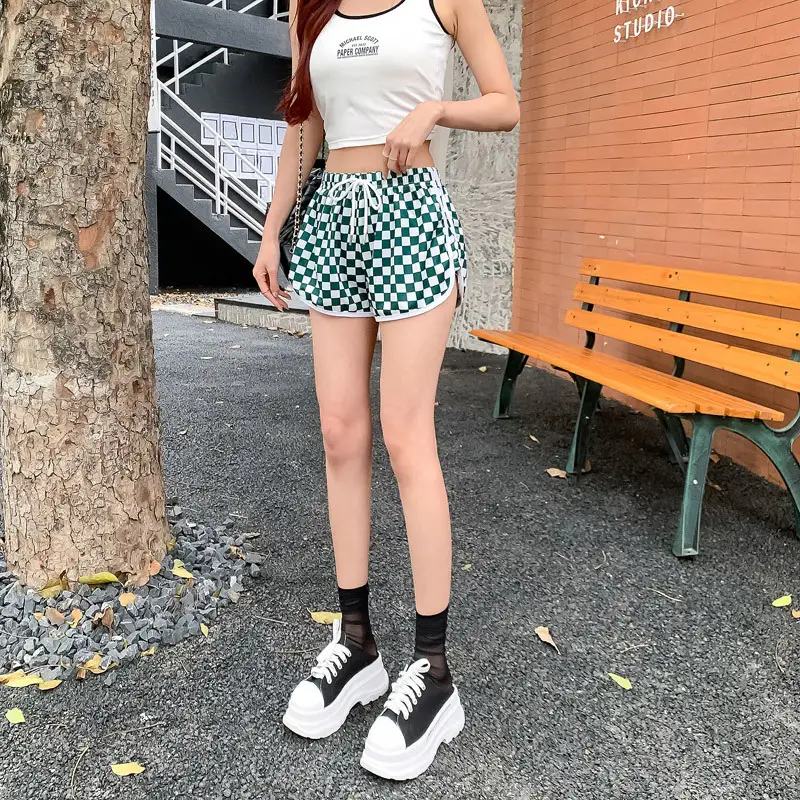 Women Checkerboard Shorts Green White 2022 Summer - Image 4