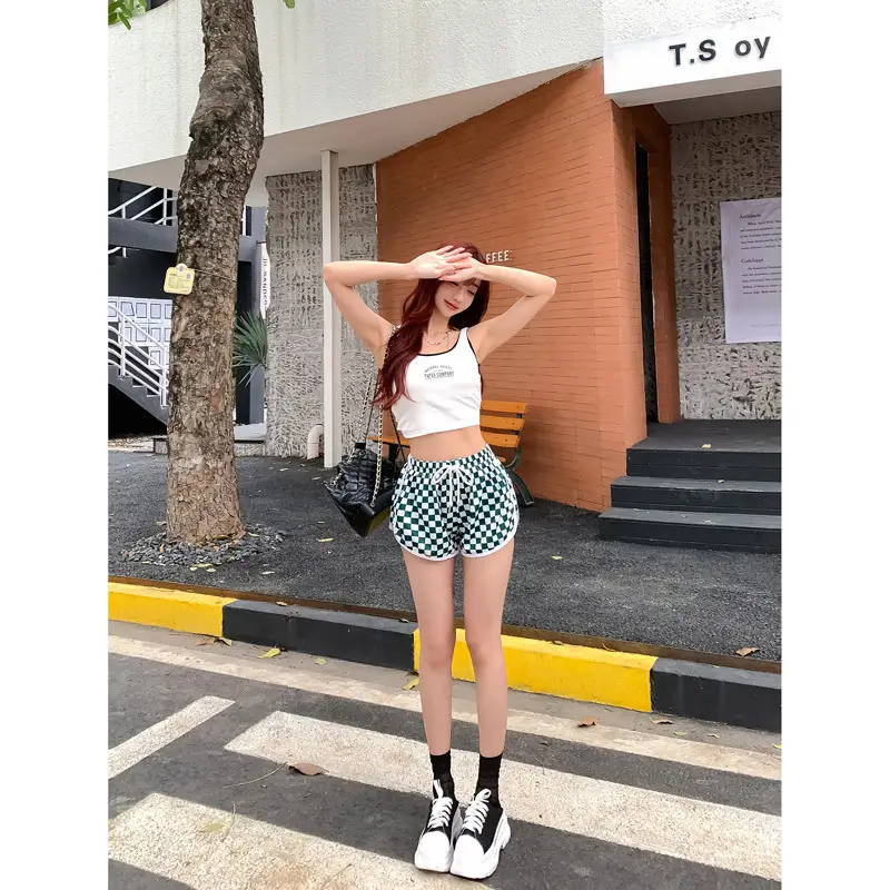 Women Checkerboard Shorts Green White 2022 Summer - Image 5