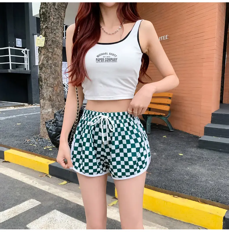 Women Checkerboard Shorts Green White 2022 Summer — feature 10
