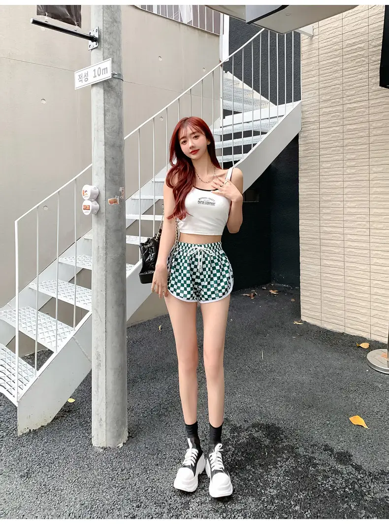 Women Checkerboard Shorts Green White 2022 Summer — feature 12