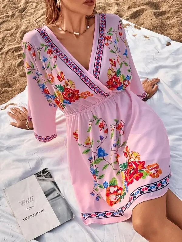 2022 Vintage Ethnic Printed Short Dress with Heavy Embroidery - Image 6
