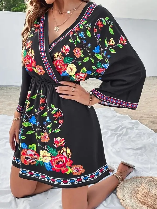 2022 Vintage Ethnic Printed Short Dress with Heavy Embroidery - Image 3
